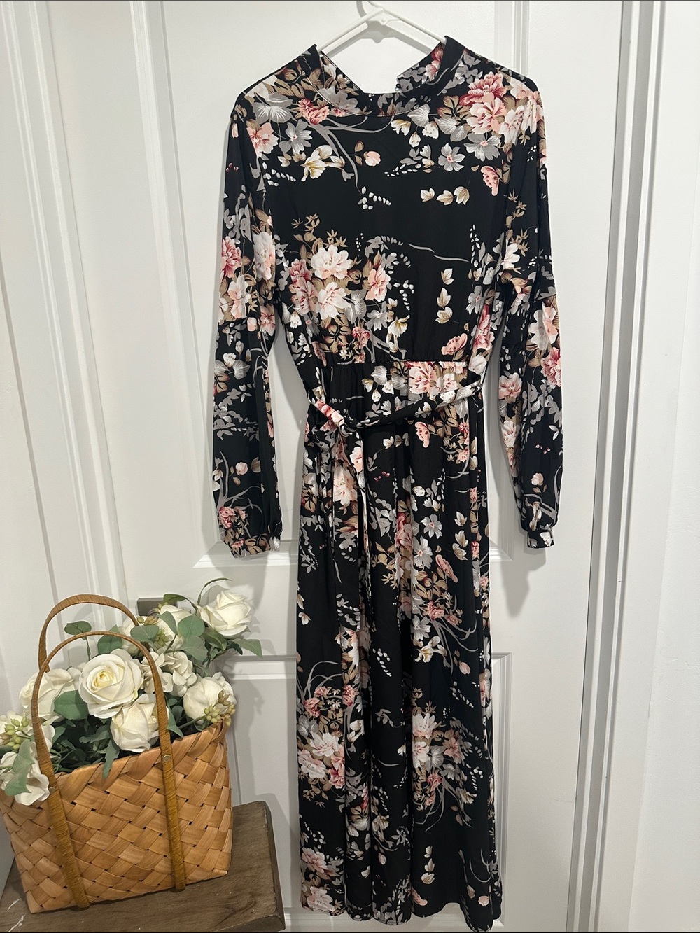 Floral Long Sleeve Midi Dress - Black/Pink